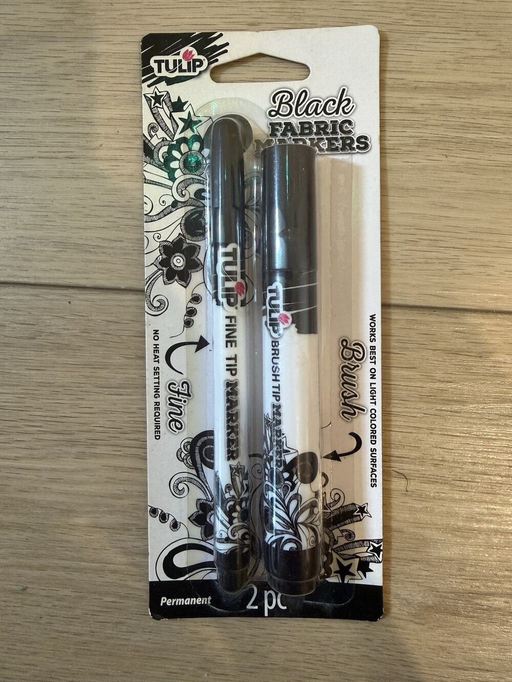 FABRIC MARKERS Tulip 2-Pack BLACK BRUSH TIP & FINE TIP PERMANENT Artist Fashion